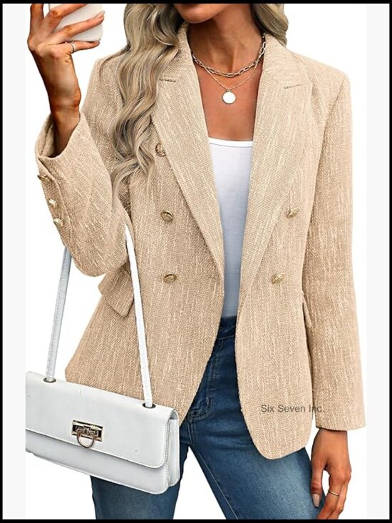 Jackets & Blazers - Tweed Blazer Double-Breasted Business Casual Jacket Polyester